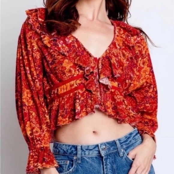 Free People Tops - NWT Free People Rudi Ruffle Cropped Top Cherry Floral Blouse Boho